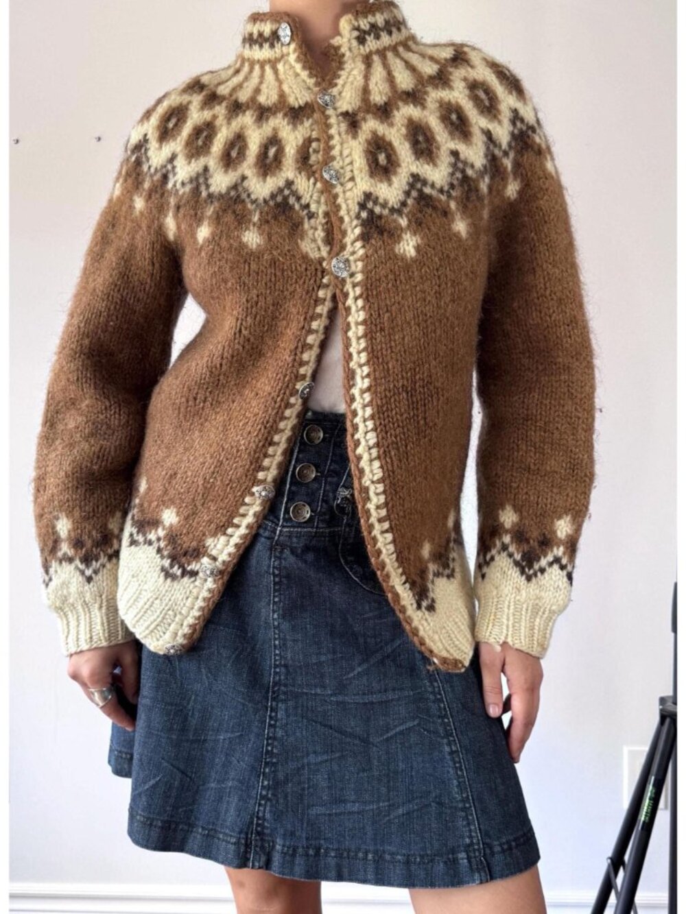 Vintage brown fair isle nordic icelandic wool chunky hand knit cardigan sweater - Picture 5 of 8